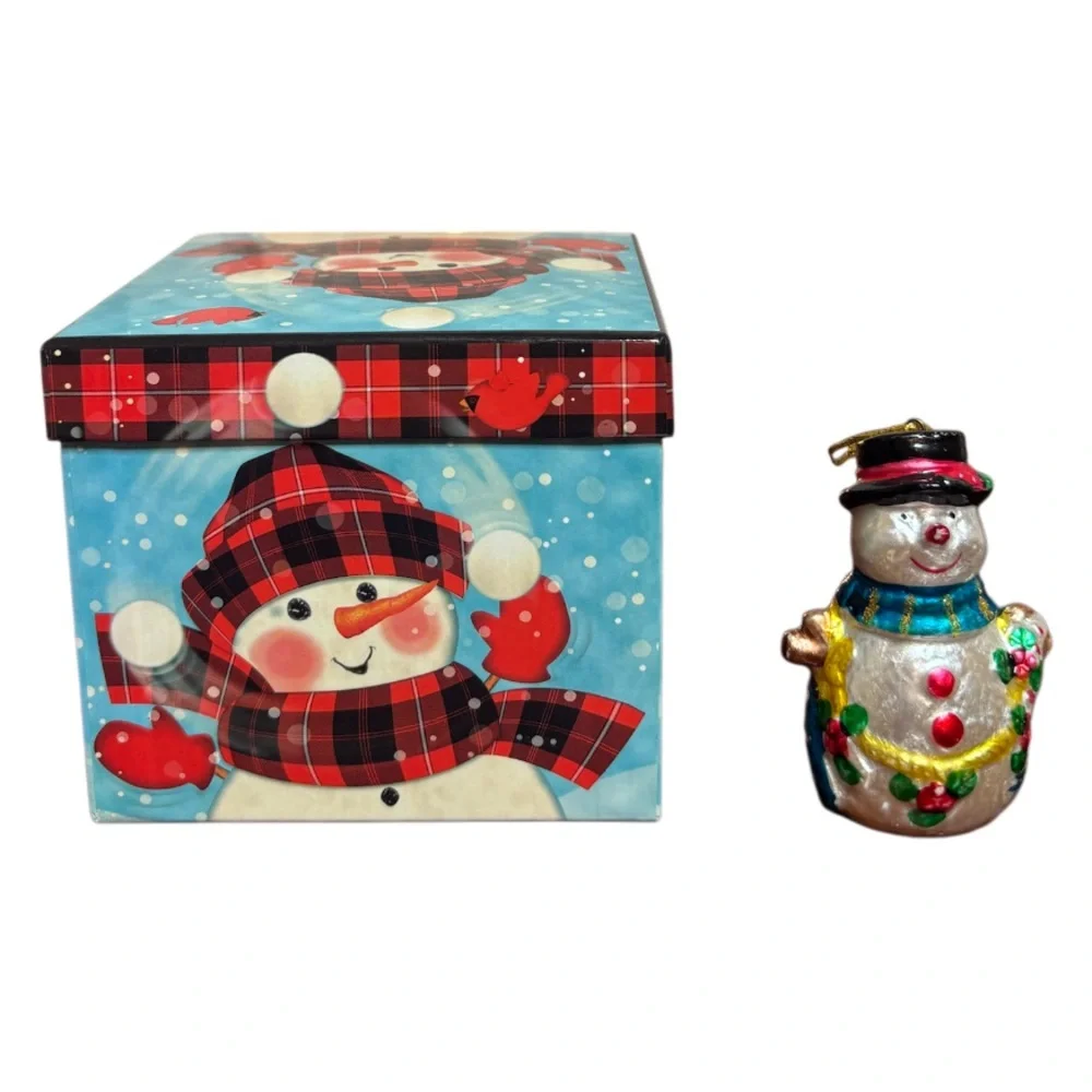 Snowman Glass Ornament Christmas Gift Box Set Collectible White Blue Red Gold